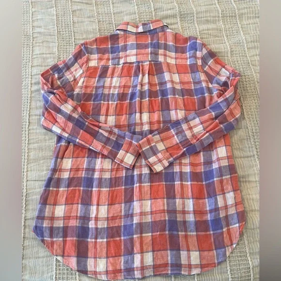 Izod Women’s Large Salmon Purple White Plaid Linen Blend Button Up Shirt - Picture 2 of 7